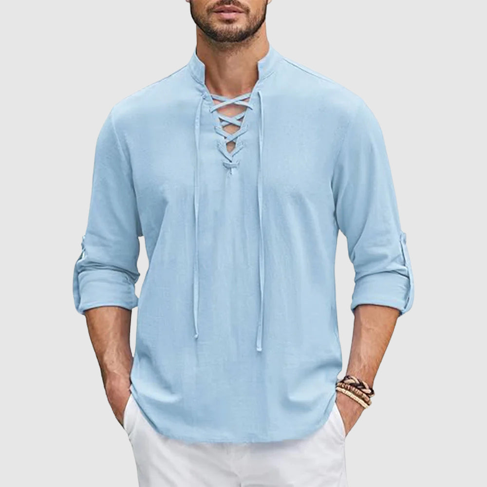 Lorenzo Vitali Valor men's linen blend V-neck shirt with roll-up sleeves in timeless style