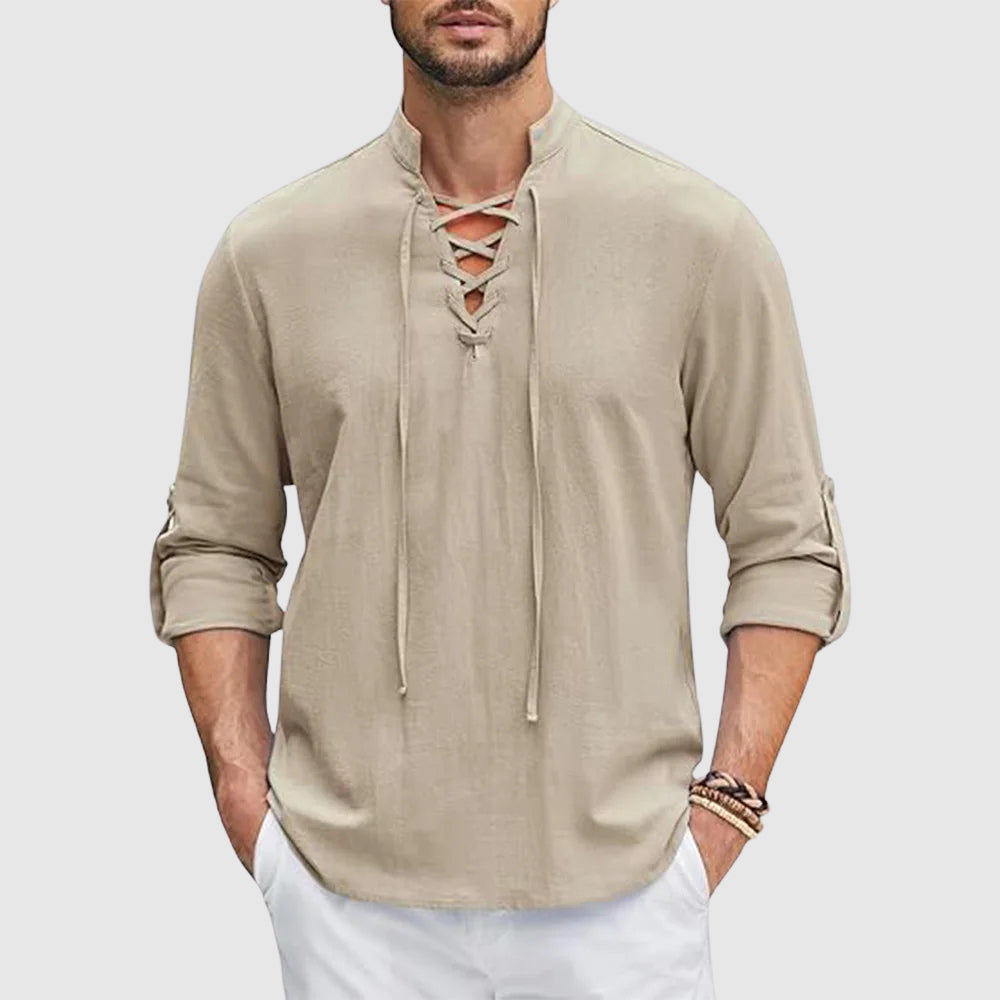 Lorenzo Vitali Valor men's linen blend V-neck shirt with rollable full sleeves in timeless style
