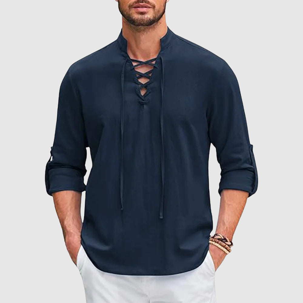 Lorenzo Vitali Valor men's linen blend V-neck shirt with rollable full sleeves, timeless style