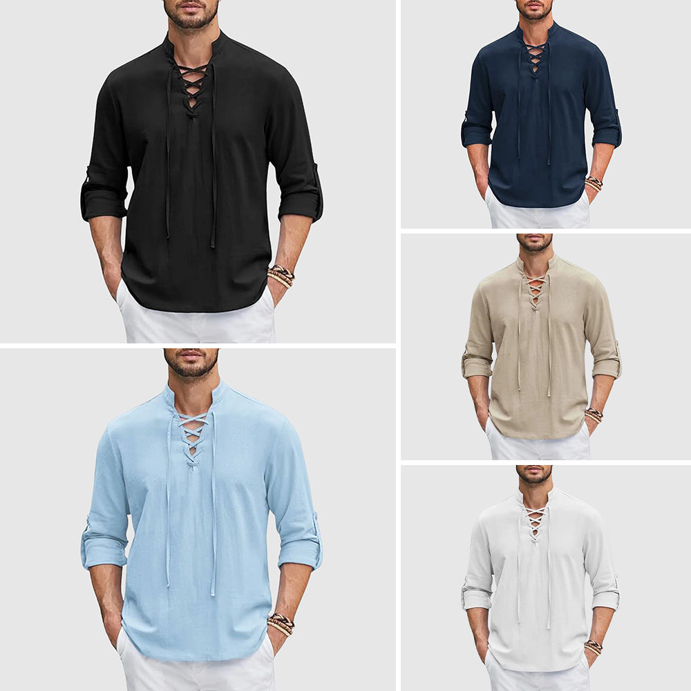 Lorenzo Vitali Valor men's linen blend V-neck shirt with rollable full sleeves in timeless style