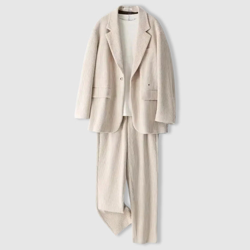 Lorenzo Vitali Windsor brown corduroy single-breasted suit with notched collar and elastic waist pants