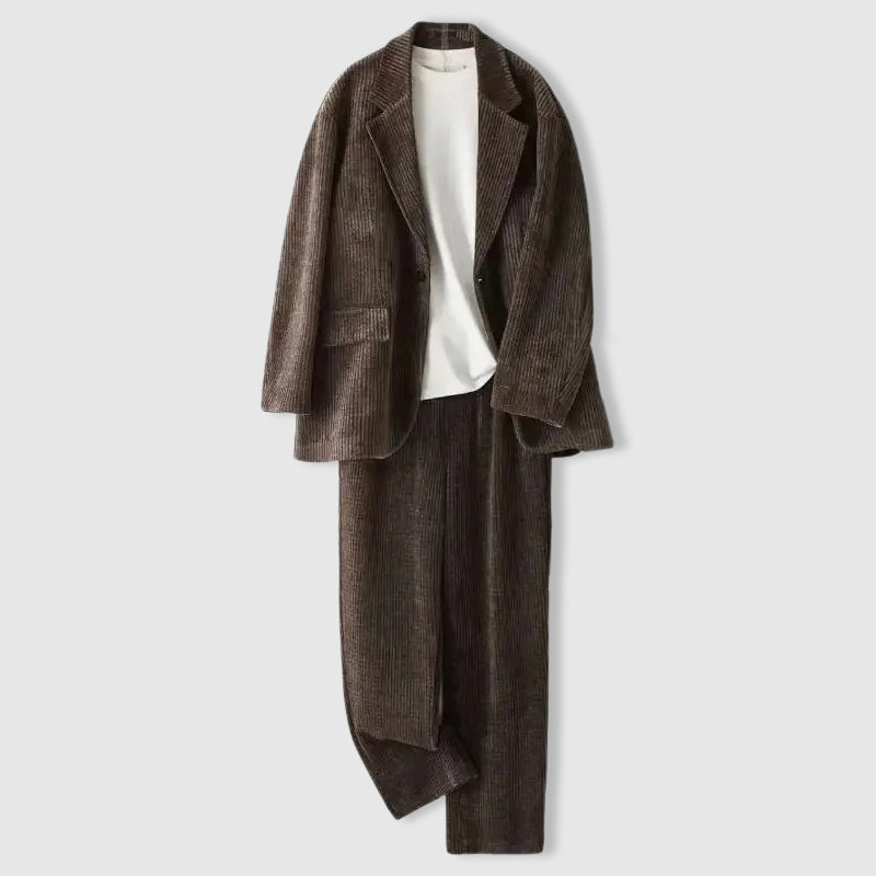 Lorenzo Vitali Windsor brown corduroy single-breasted suit with notched collar and elastic waist pants
