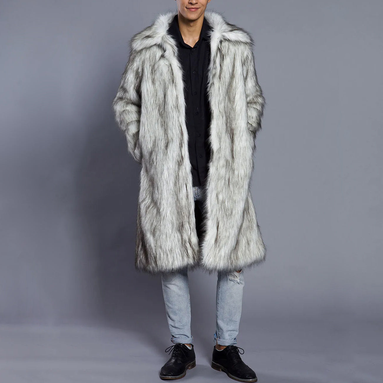 Lorenzo Vitali ivory faux-fur full-length coat with dramatic wide shawl collar for winter