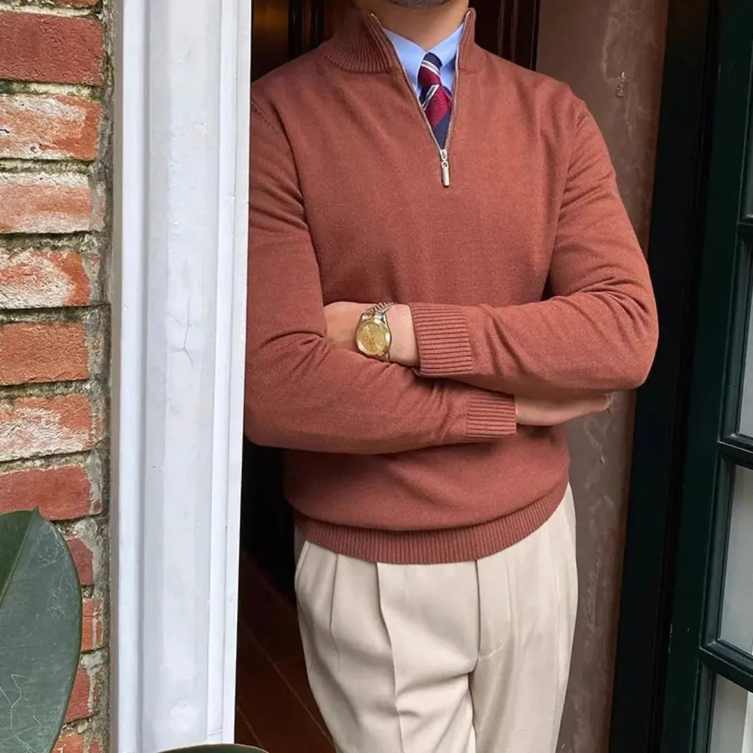Lorenzo classic merino wool half-zip sweater in neutral tone, polished slim fit for formal to casual wear