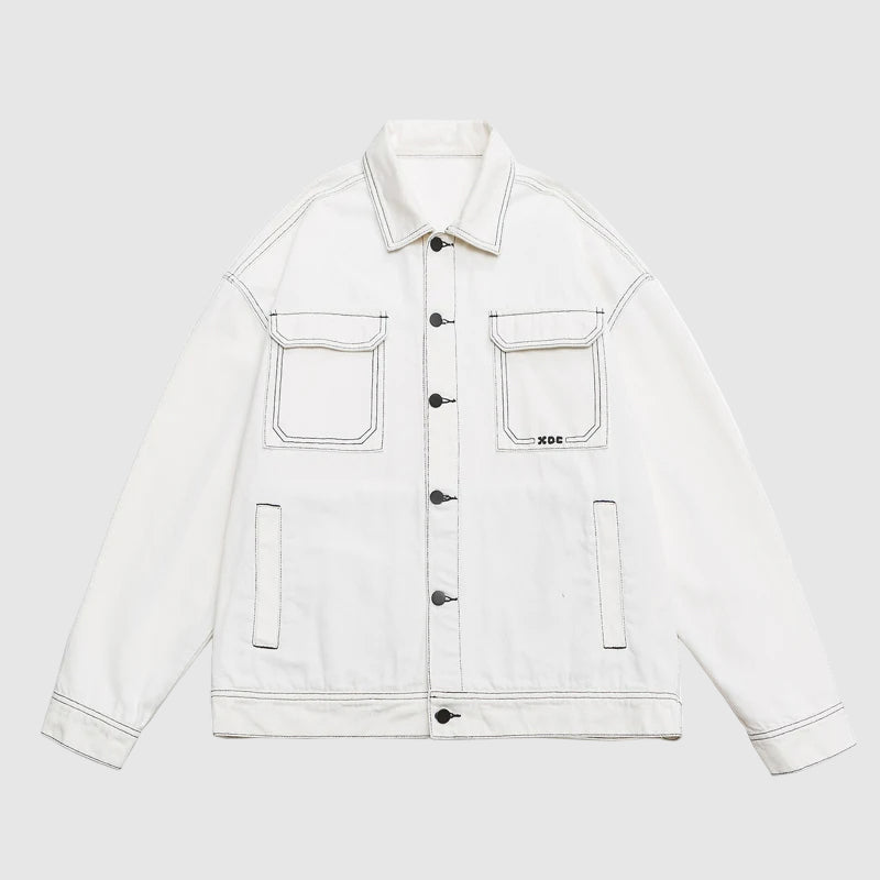 Black baggy denim jacket retro silhouette drop shoulders contrasting stitching street style
