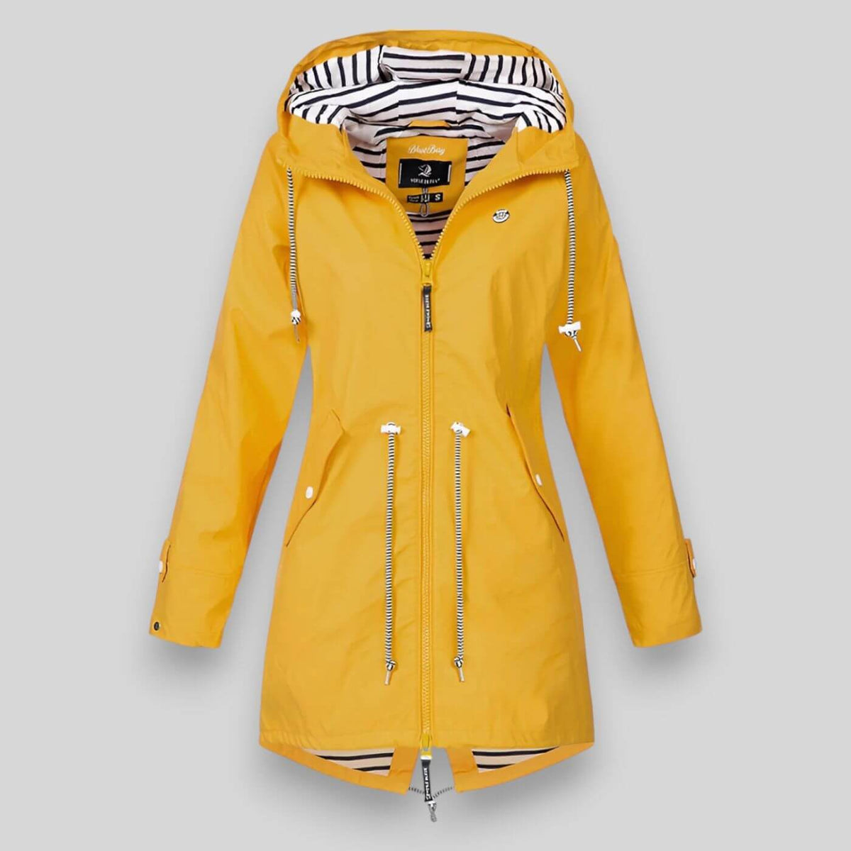 Sleek waterproof jacket in neutral tone with minimalist cut and water-resistant sealed seams