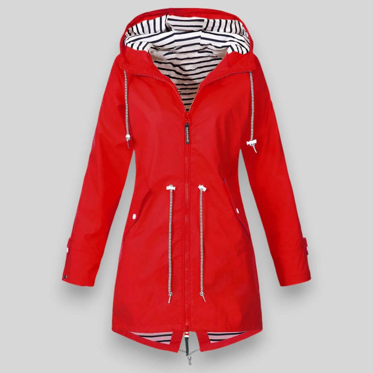 Sleek waterproof jacket in neutral tone with minimalist cut and water-resistant shell finish