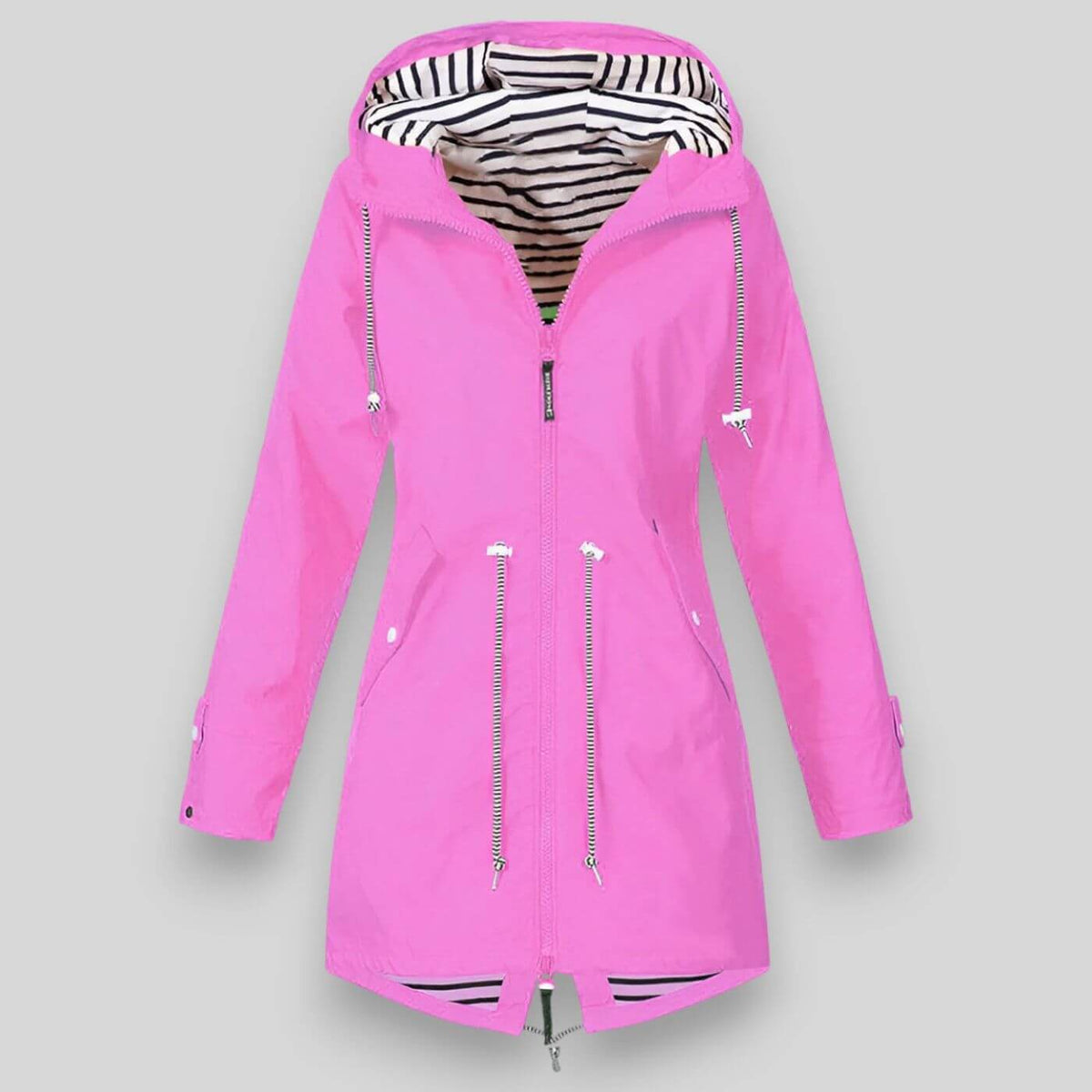 Sleek black waterproof jacket with minimalist design and water-resistant sealed seams for all-weather style