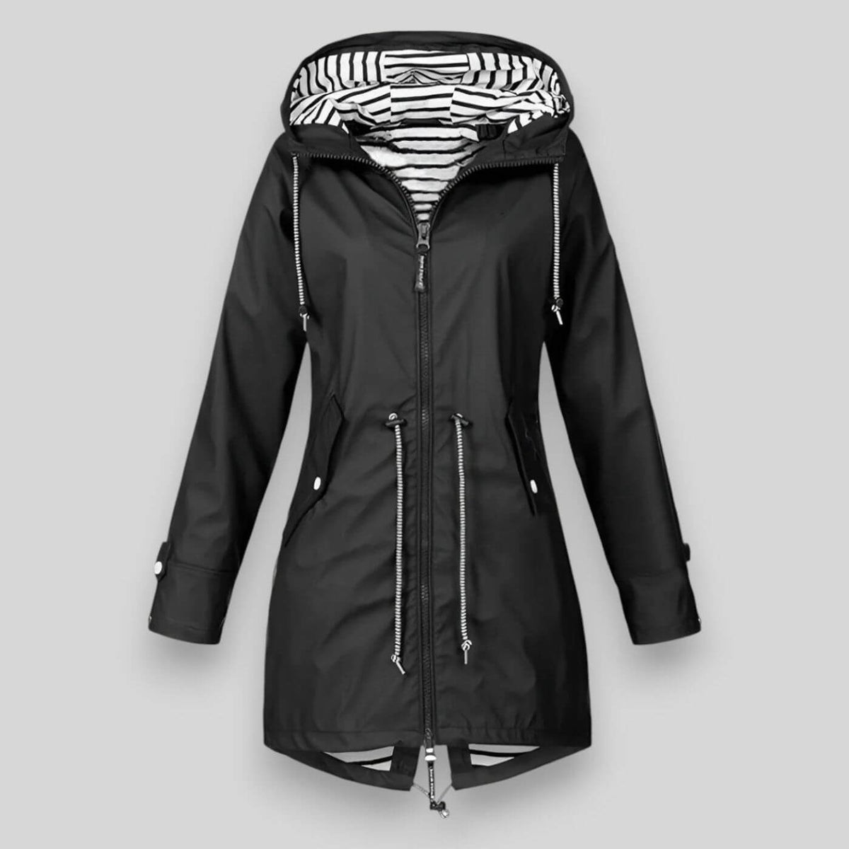 Sleek black waterproof jacket with minimalist cut and water-resistant shell for all-weather style