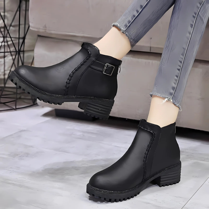 Black faux leather women ankle boots low block heel lug sole casual smart style