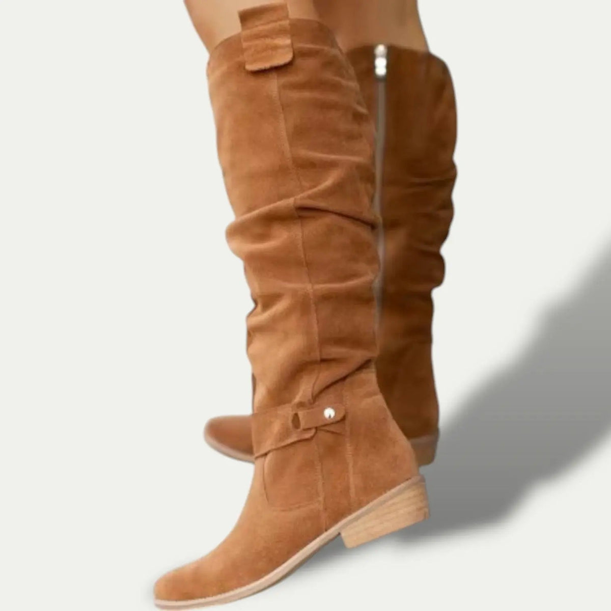 Women's tan suede cowboy boots low heel Western style with premium suede upper
