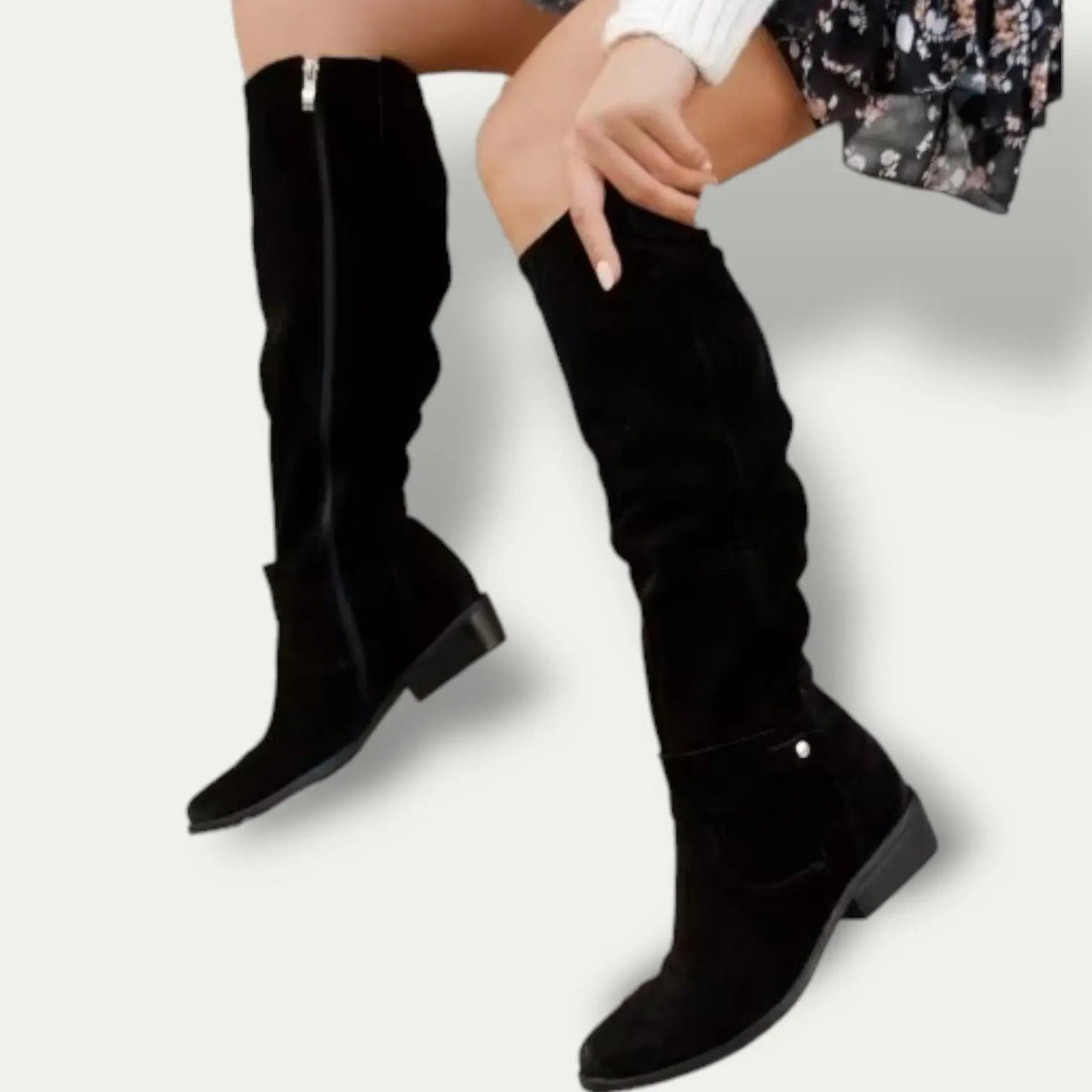 Women's low-heel tan suede cowboy boots with Western stitching and slip-resistant sole