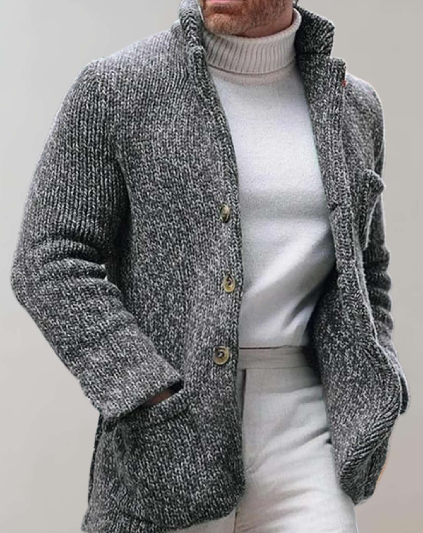 Men's chunky knit wool cardigan relaxed fit standing collar button front warm layered sweater