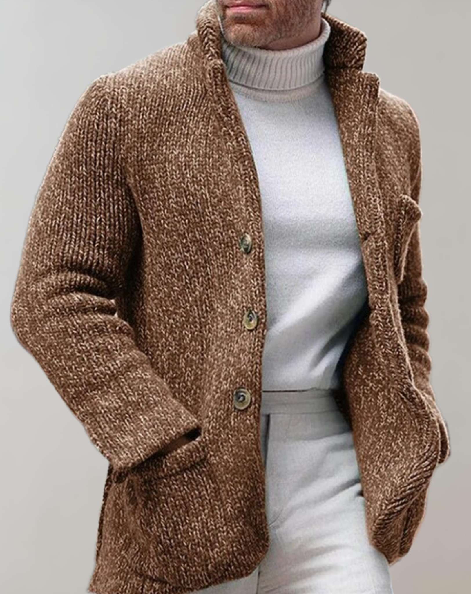 Men's chunky knit wool cardigan relaxed fit standing collar button front warm layered sweater