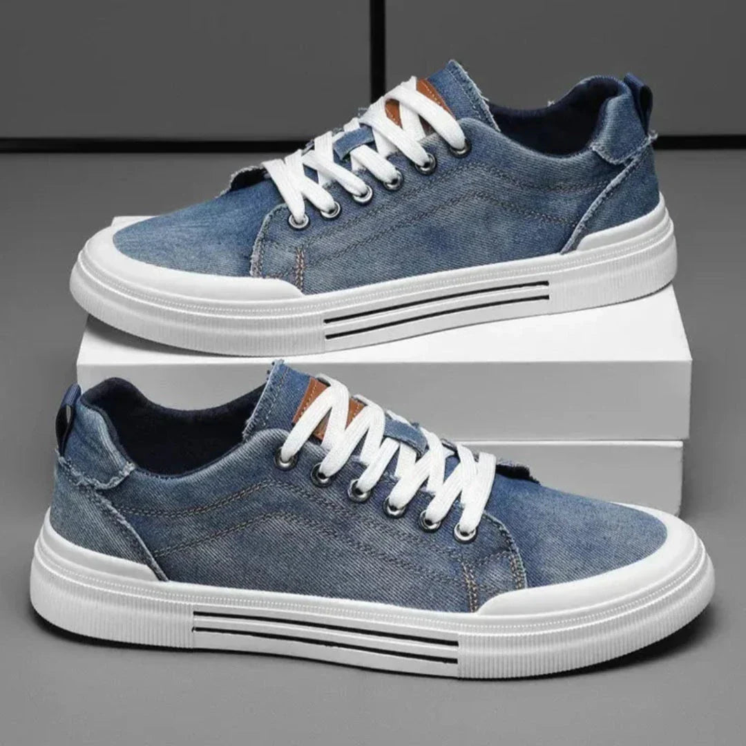 Luke denim lace-up low top sneakers with contrast stitching and grippy rubber sole street style