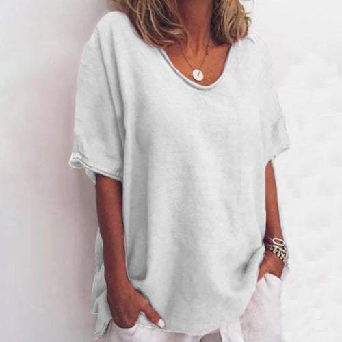 Women's relaxed linen-look white t-shirt with dropped shoulders, side slits, and round neckline