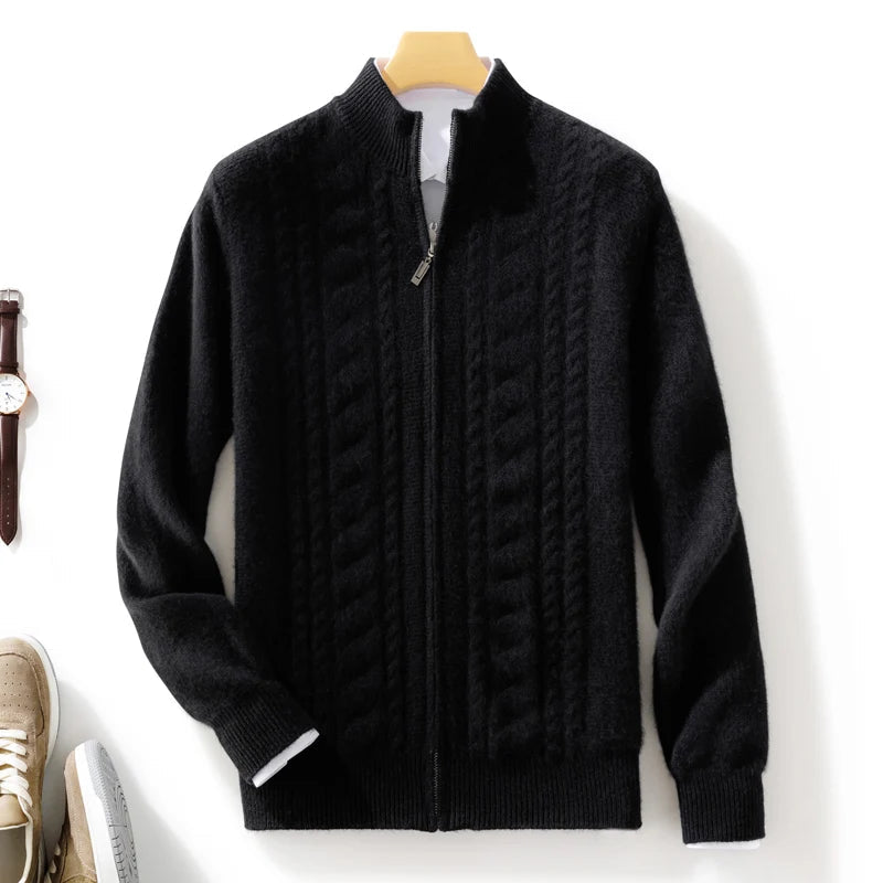 Lucian cable-knit cashmere cardigan with zip front closure in classic cold-season style