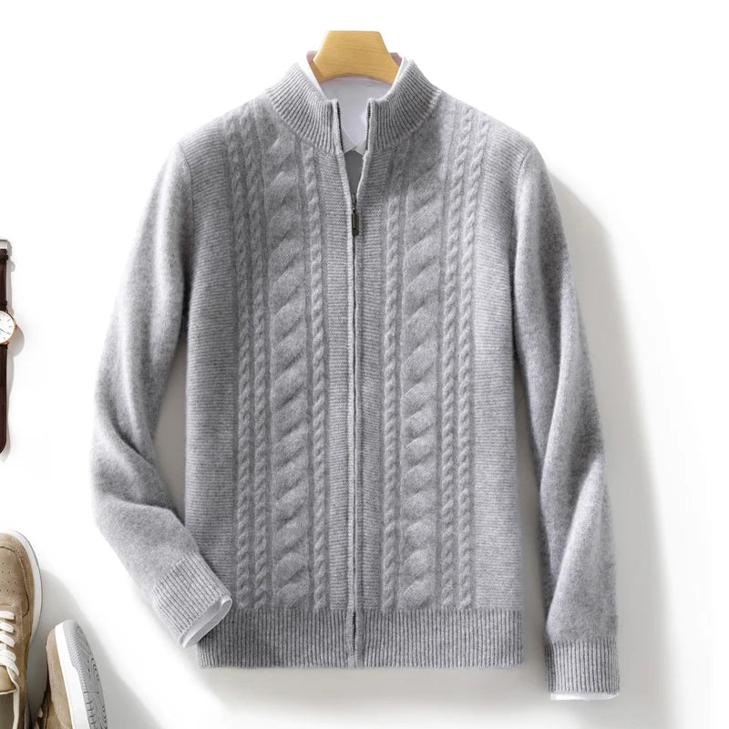 Ivory cable-knit cashmere cardigan with zip front closure and classic textured pattern