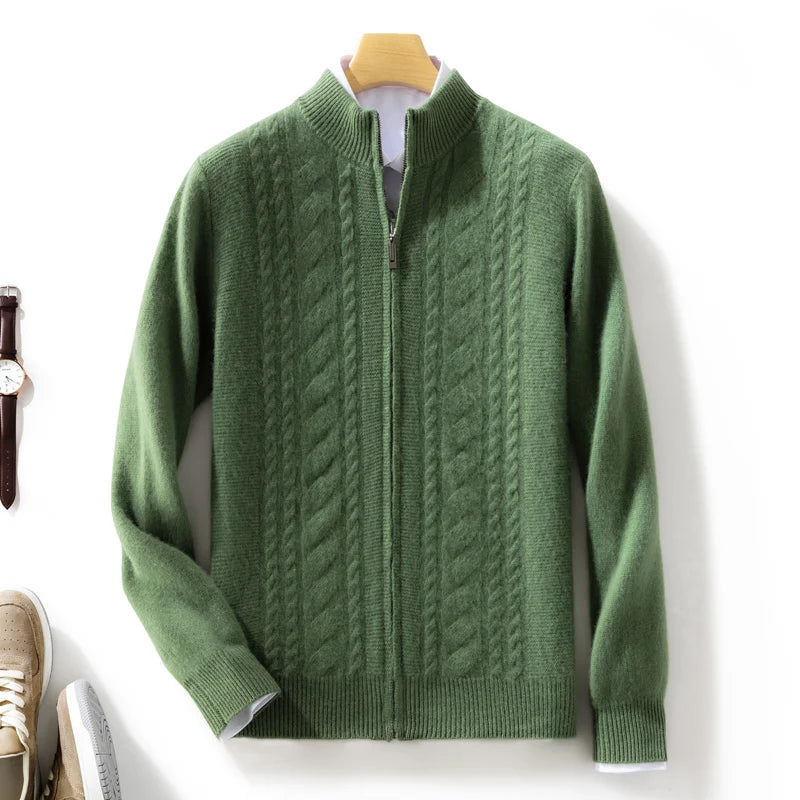 Ivory cable-knit cashmere cardigan with zip front closure and classic textured pattern