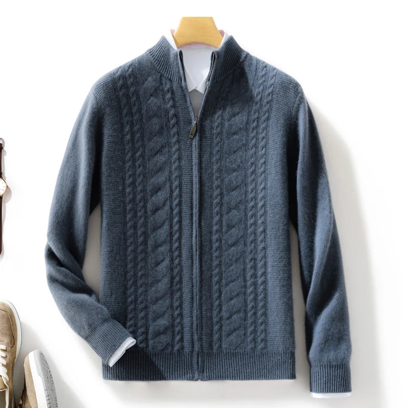 Lucian men's cashmere cardigan in neutral tones, classic cable-knit with clean zip front closure