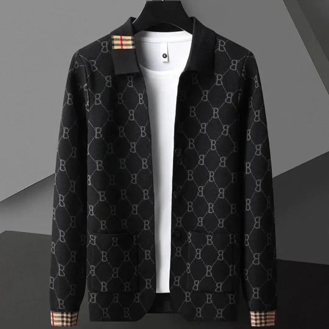 Navy blue elite knit cardigan with interlocking monogram pattern and classic plaid accents by Wavlynn