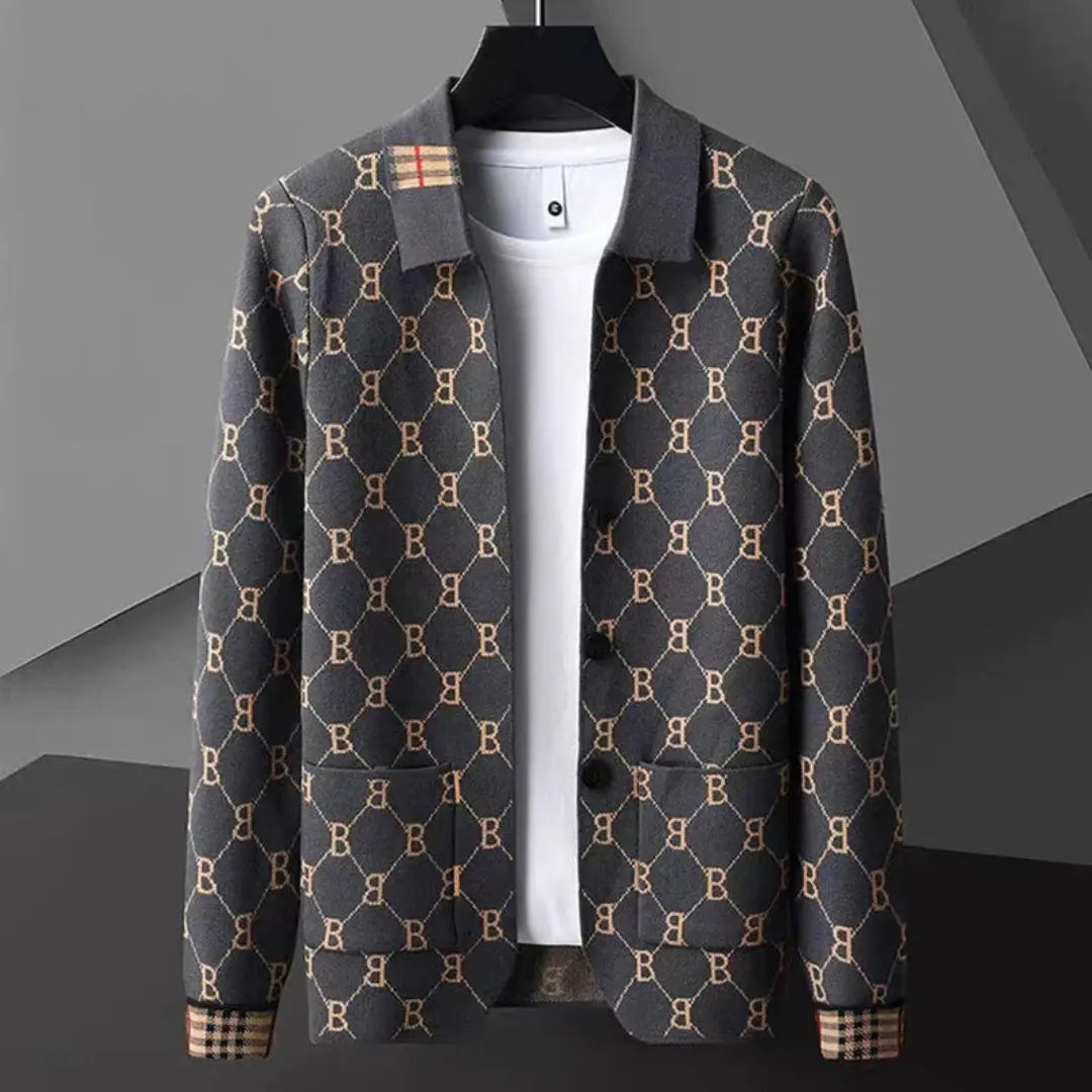 Beige knit cardigan with interlocking monogram pattern, classic plaid accents, and refined tailored fit