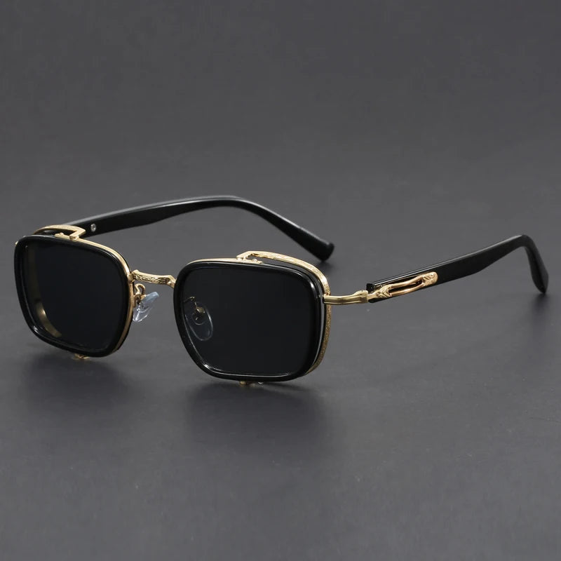 Lucien retro square sunglasses black metal trim engraved arms tinted UV lenses vintage style