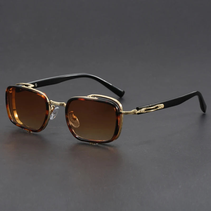 Lucien retro square sunglasses with tinted lenses, metal trim, and engraved arms for a vintage look