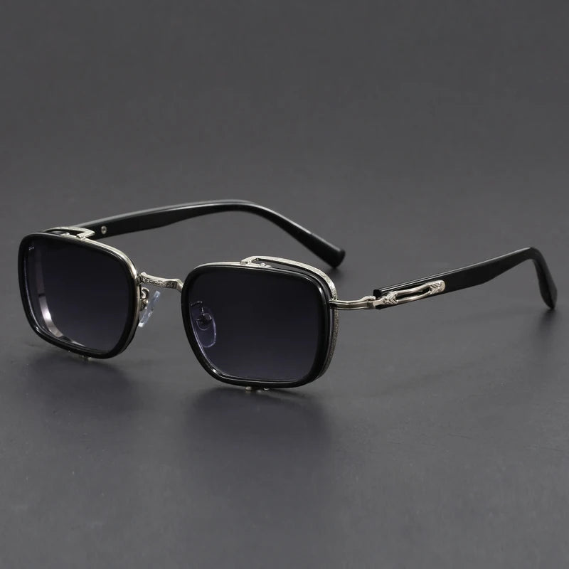 Lucien retro square sunglasses black metal trim engraved arms tinted UV lenses vintage style