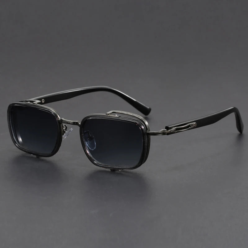 Lucien retro square sunglasses black metal trim engraved arms tinted UV lenses vintage style