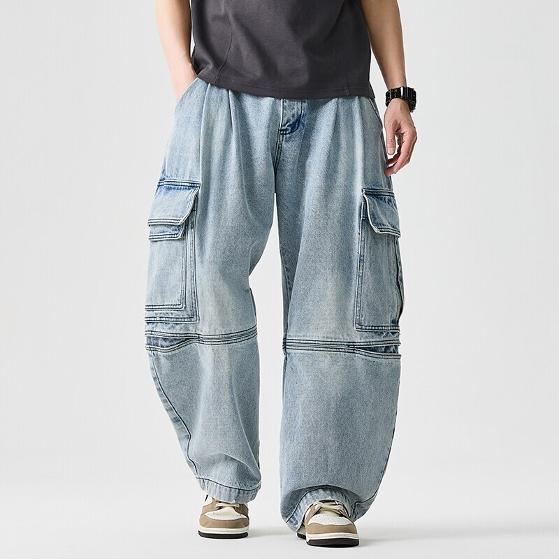 Lucien wide-leg cargo denim pants stonewashed vintage blue with bold stitching streetwear style