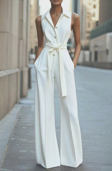 White sleeveless wide-leg belted formal jumpsuit with button-front bodice and floor-length trousers