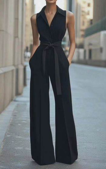 White sleeveless wide-leg belted jumpsuit with button-front bodice and floor-grazing formal trousers