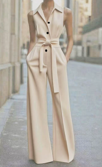 White sleeveless wide-leg belted formal jumpsuit with button-front bodice and floor-length trousers