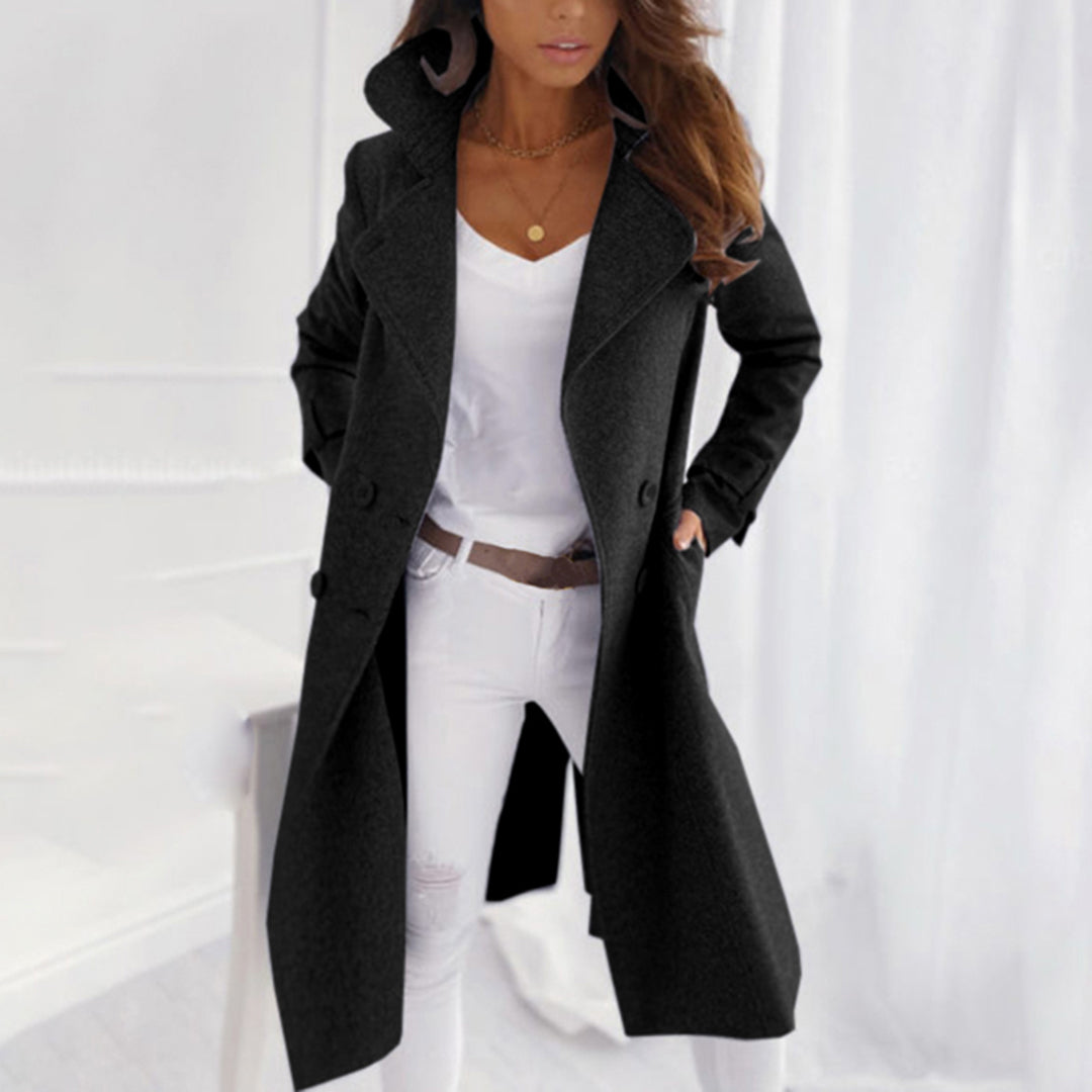 Women's long tailored wool blend coat, double-breasted silhouette with wide lapels