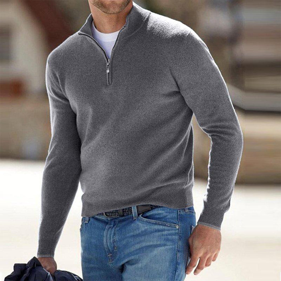 Men's gray wool half-zip sweater with mock neck, ribbed trim, and streamlined modern fit by Wavlynn