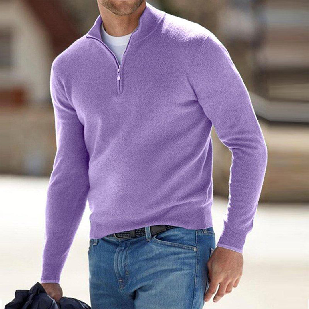 Men's gray wool half-zip sweater with mock neck, ribbed finish, and modern slim fit by Wavlynn