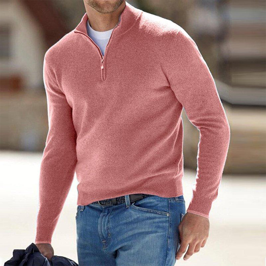 Men's gray wool half-zip sweater with mock neck, ribbed finish, and streamlined modern fit by Wavlynn