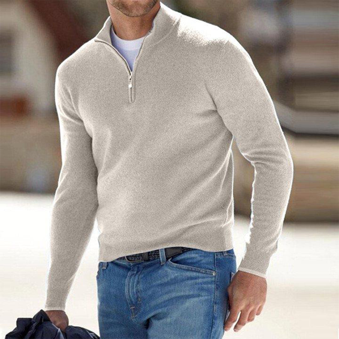 Men's gray wool half-zip sweater with mock neck, ribbed finish, and modern slim fit by Wavlynn