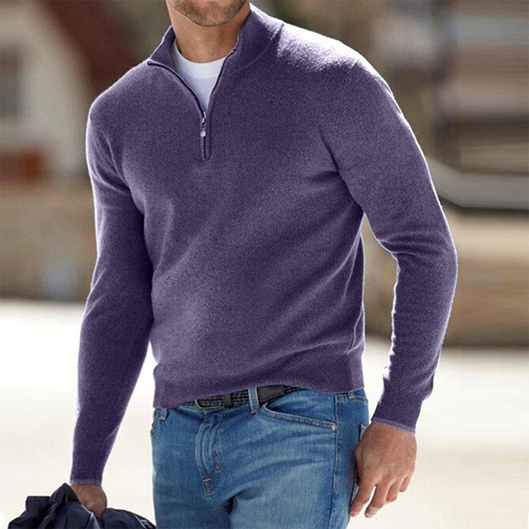 Men's gray wool half-zip sweater with mock neck, ribbed finish, and modern slim fit by Wavlynn