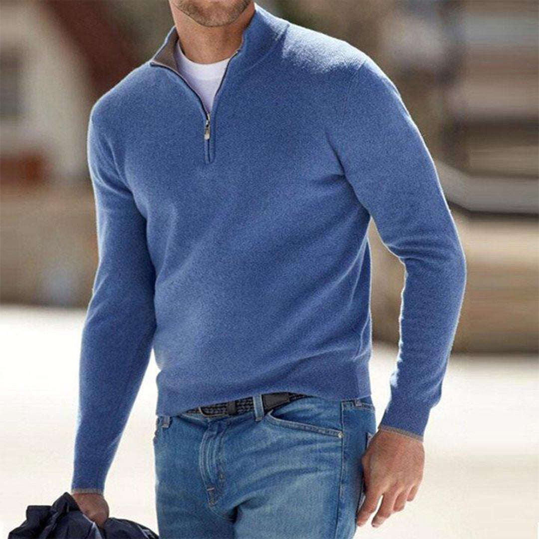 Men's slim fit quarter zip knit sweater high collar long sleeve casual winter cotton blend