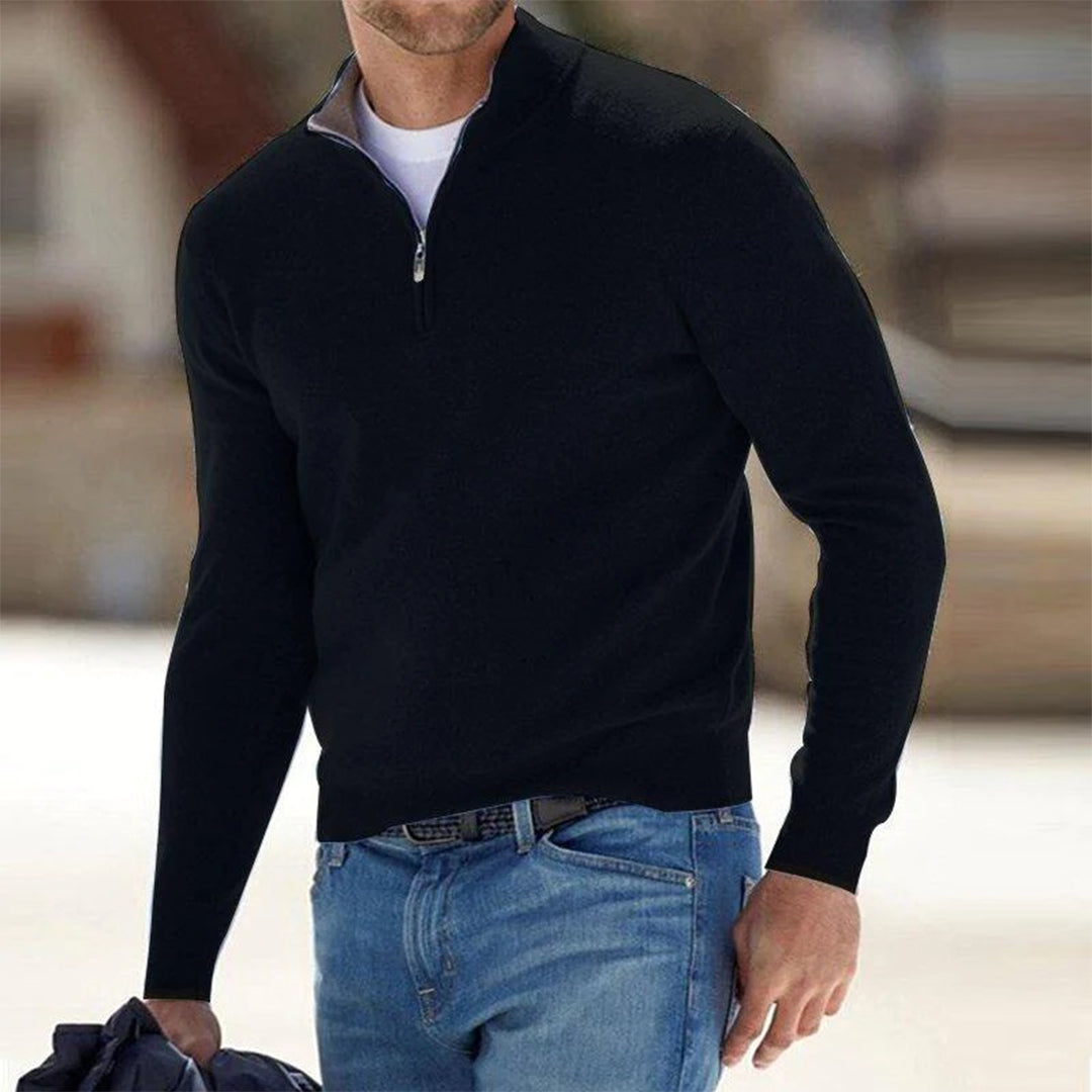 Men's gray wool half-zip sweater with mock neck, ribbed finish, and streamlined modern fit by Wavlynn
