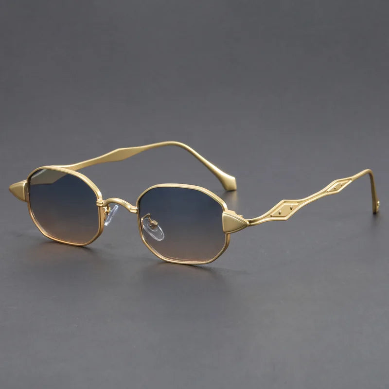 Bold black oval sunglasses with spiked lens corners and sculpted metal arms for an avant-garde retro look