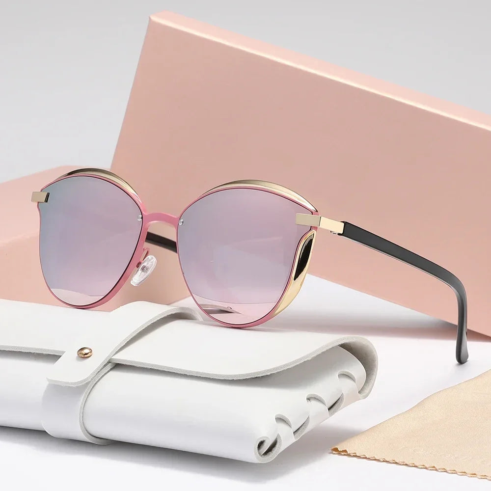 Gold cat-eye sunglasses with metal accents, lightweight luxe finish, and UV400 lens protection