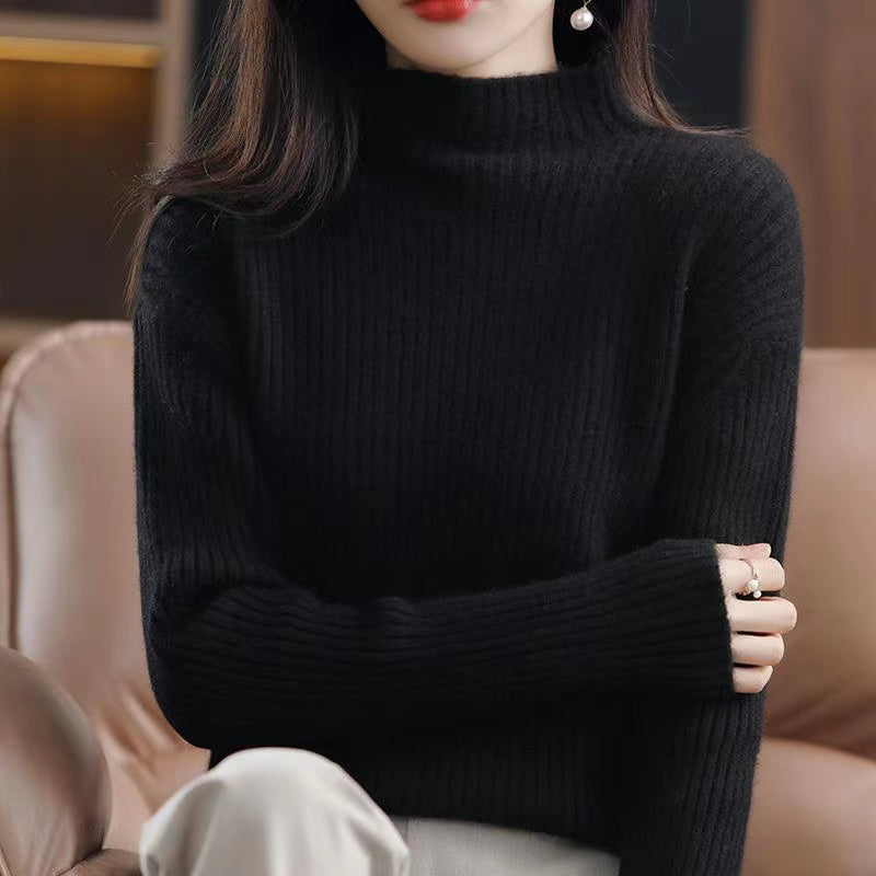Striped turtleneck sweater loose relaxed fit soft knit cotton-acrylic blend neutral tones luxury knitwear