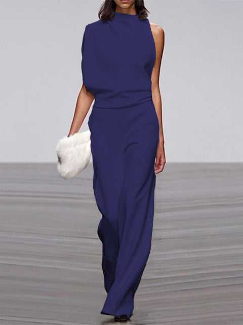 Women's sleeveless one-shoulder wide-leg jumpsuit with asymmetric neckline and fluid formal silhouette