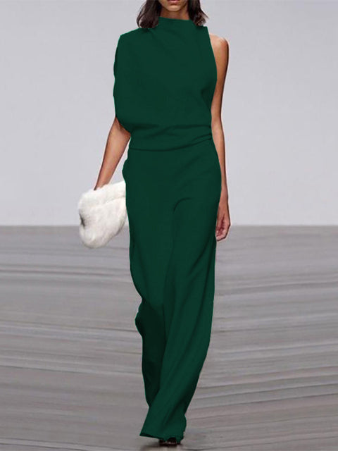 Women's sleeveless one-shoulder wide-leg jumpsuit formal minimalist silhouette asymmetric neckline