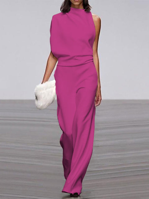 Women's sleeveless one-shoulder wide-leg jumpsuit formal minimalist silhouette asymmetric neckline