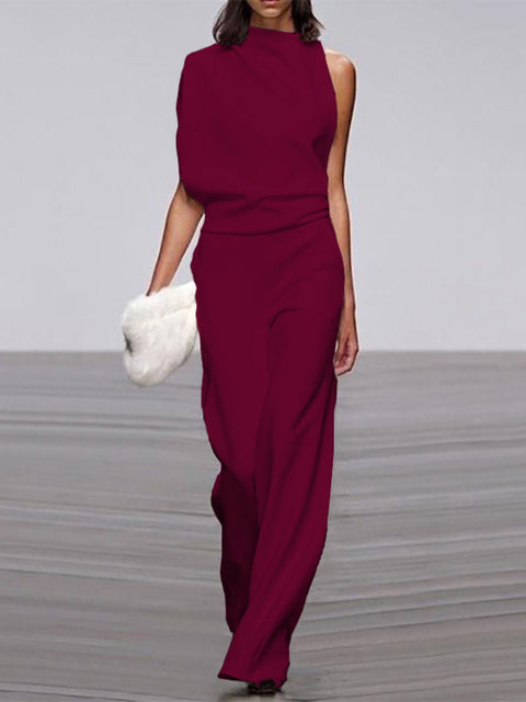Women's sleeveless one-shoulder wide-leg jumpsuit formal minimalist silhouette asymmetric neckline