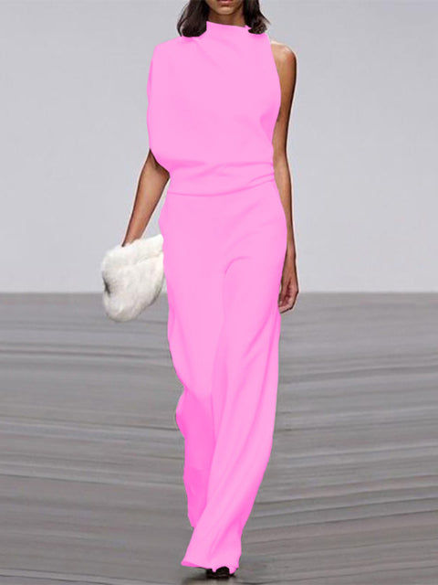 Women's sleeveless one-shoulder wide-leg jumpsuit in elegant tonal hue with structured asymmetric neckline